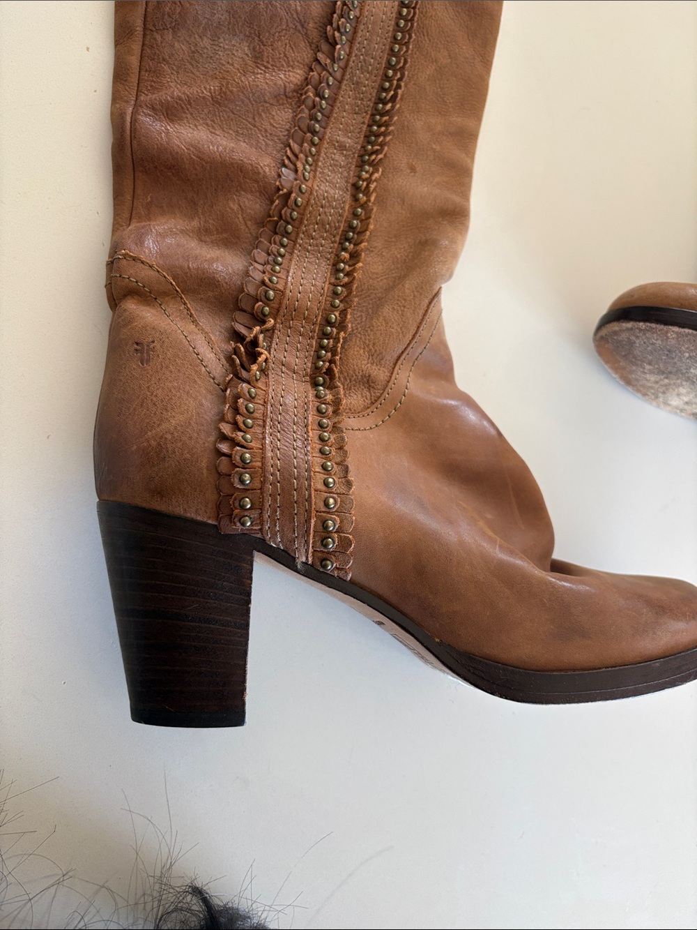Frye Cognac Brown Scallop Studded Trim Leather Knee High Boots - Picture 7 of 17